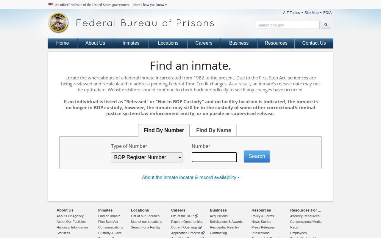 Federal Bureau of Prisons inmate locator interface screenshot