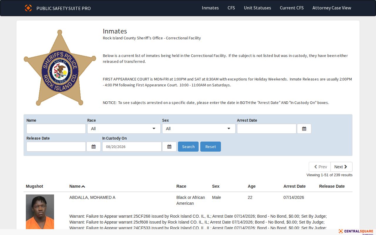 Rock Island County Zuercher current custody roster screenshot