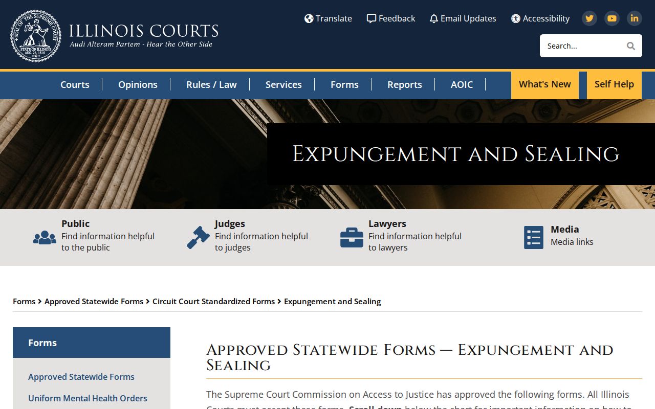 Illinois Courts expungement and sealing forms page screenshot