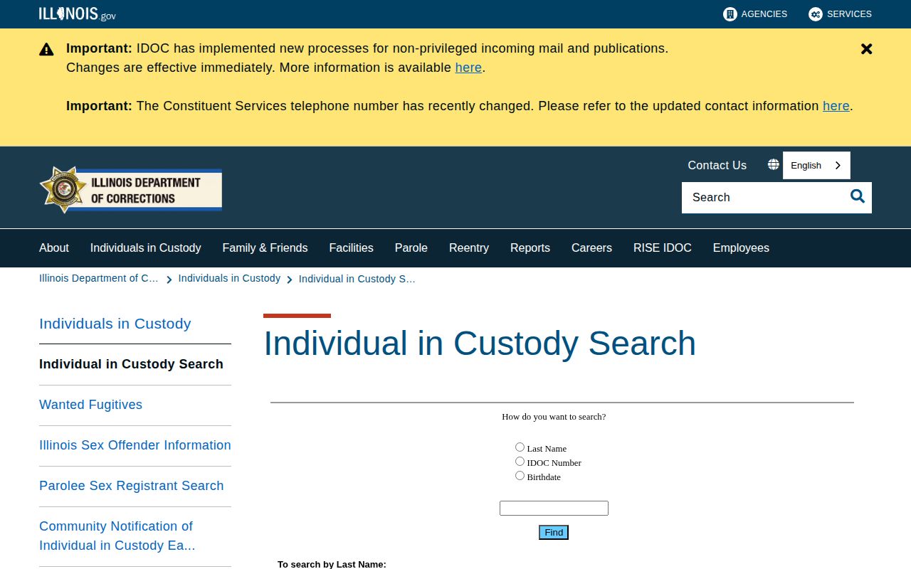 Illinois Department of Corrections Rock Island County offender search interface screenshot
