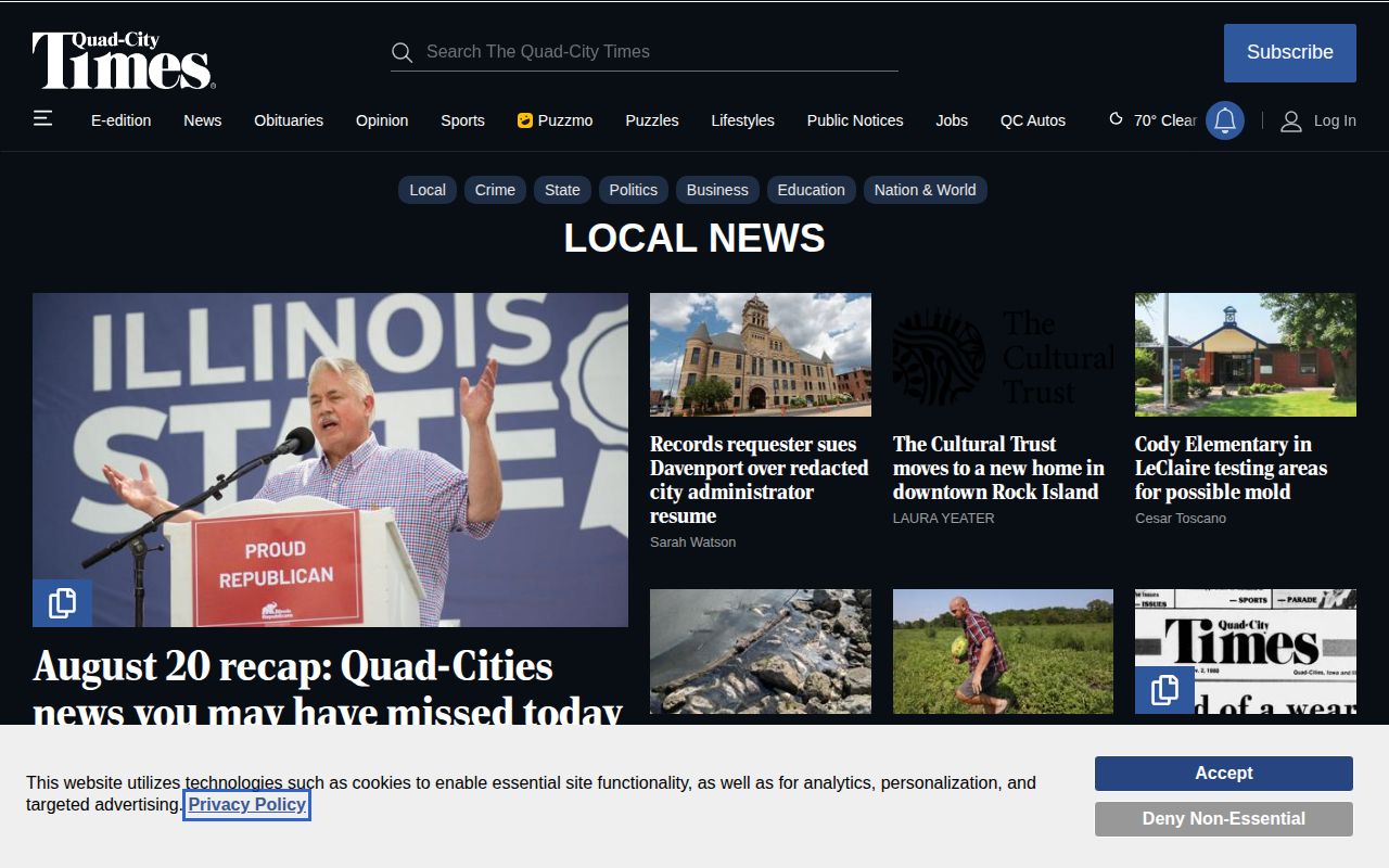 Quad-City Times Rock Island County local news section screenshot
