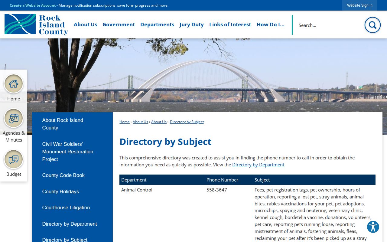 Rock Island County directory and warrant contact routes screenshot