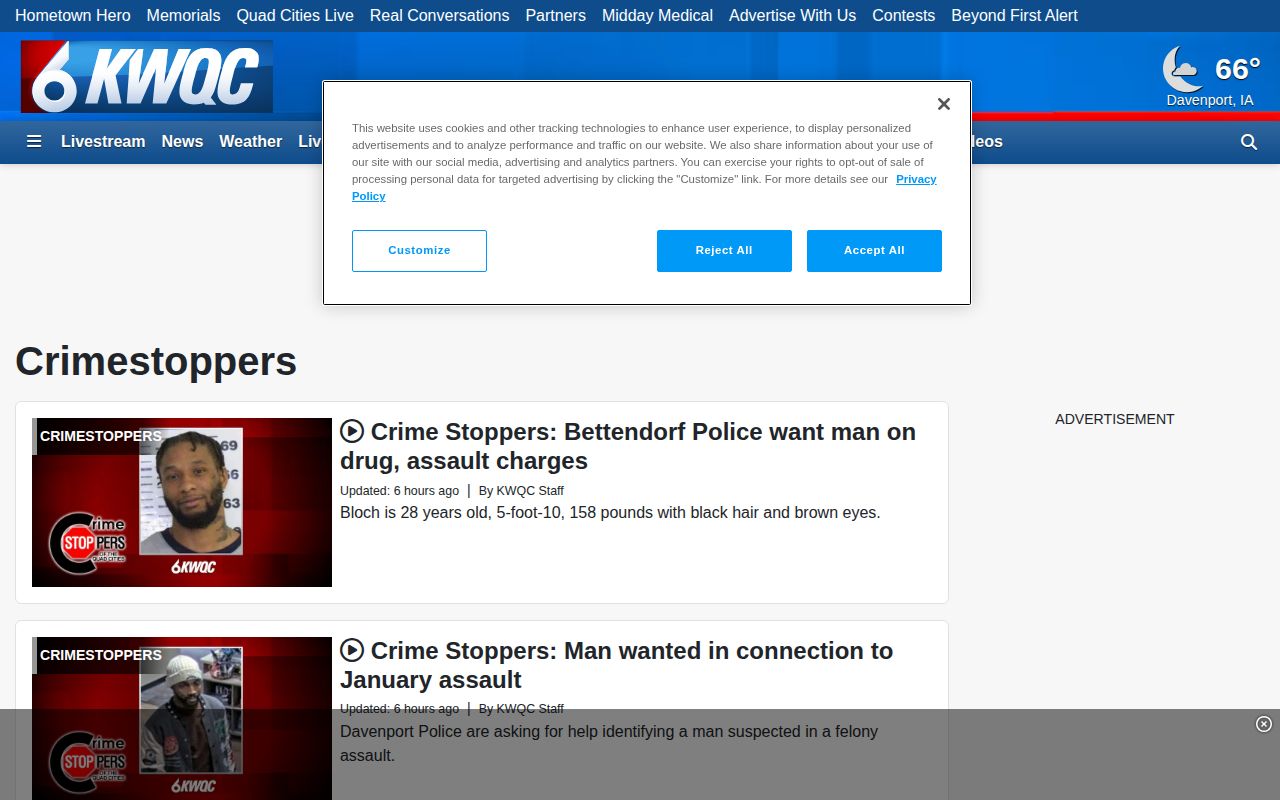 KWQC Rock Island Crime Stoppers page screenshot